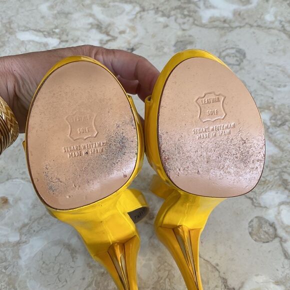 Stuart Weitzman Miss Jane Yellow Patent Leather Platform High Heel Sandals - Picture 12 of 14